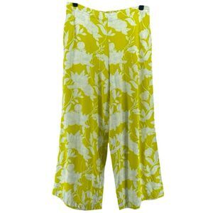 Marc New York Chartreuse Floral High Waisted Wide Leg Crop Pants M Linen Blend